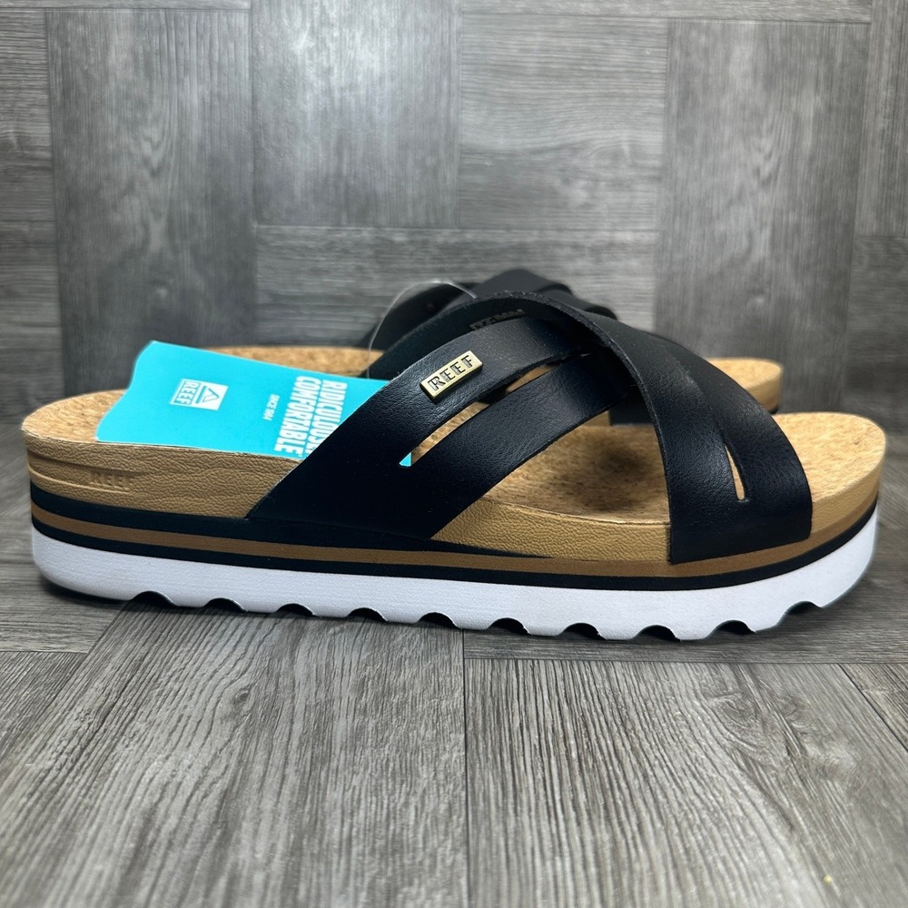 Reef Vista Hi Sandals Women 10 Black Platform Vegan Leather Cork Slide NEW